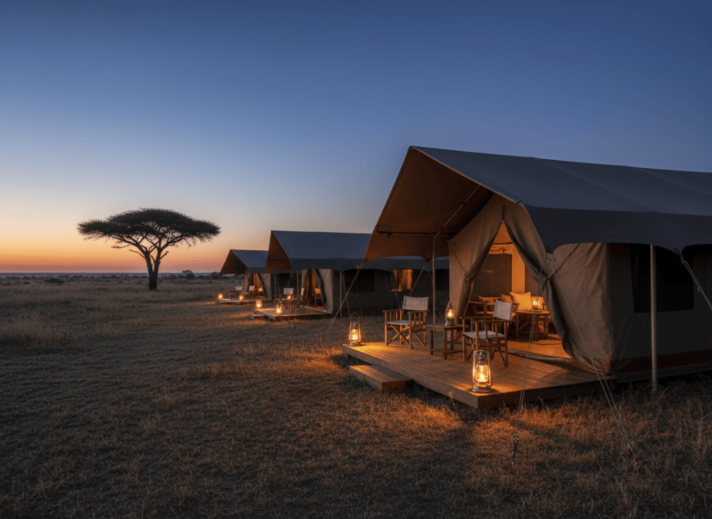 A dramatic dusk photographic scene of a luxury safari camp in the African bush, designed to showcase the safari side of combined tours. Spacious khaki canvas tents with defined seams and reinforced corners are arranged in a semi-circle on short, golden grass, each tent fronted by a polished wooden deck with neatly arranged lanterns and director-style chairs. In the background, a lone flat-topped acacia tree stands against a deepening indigo sky with a faint orange band on the horizon. Subtle, warm artificial lantern light spills onto the decks, contrasting with the cool ambient twilight and casting elongated shadows. The composition uses the rule of thirds, with crisp focus from foreground tents to distant tree. The mood is exclusive, calm, and safe, emphasizing professional, premium safari experiences in a realistic photographic style.