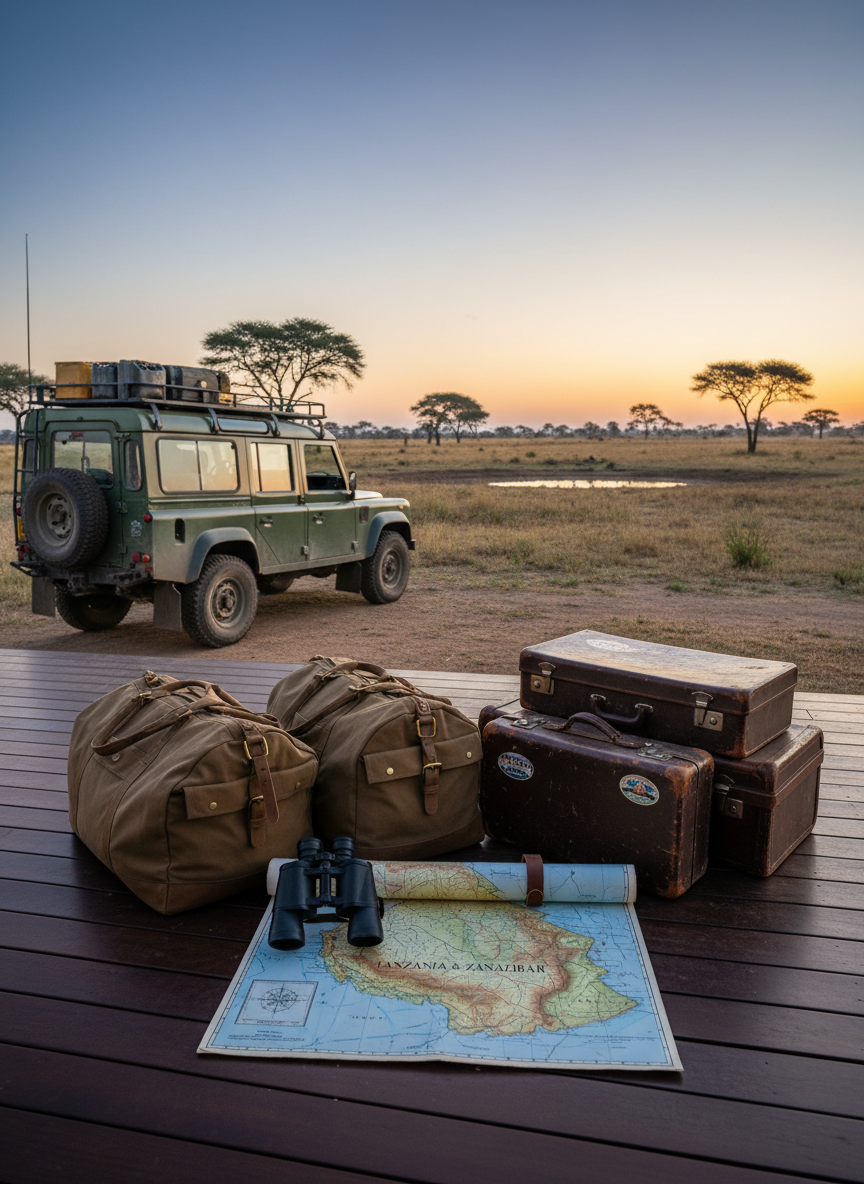 A meticulously packed, high-end safari expedition setup arranged on a dark teak deck overlooking a vast savanna at dawn. A rugged, dust-marked 4x4 vehicle with a roof rack and spare tire is parked to the side, while in the foreground, tan canvas duffel bags, weathered leather suitcases, and professional binoculars rest beside a detailed topographic map of Tanzania and Zanzibar. Cool blue early-morning light mixes with the first warm rays of sunrise on the horizon, creating soft side lighting and subtle shadows. Shot from a slightly elevated angle with a shallow depth of field, the focus is on the gear, while acacia trees and a distant watering hole blur into the background. The mood is adventurous yet organized, conveying expert, professional safari planning in a clean photographic realism style.