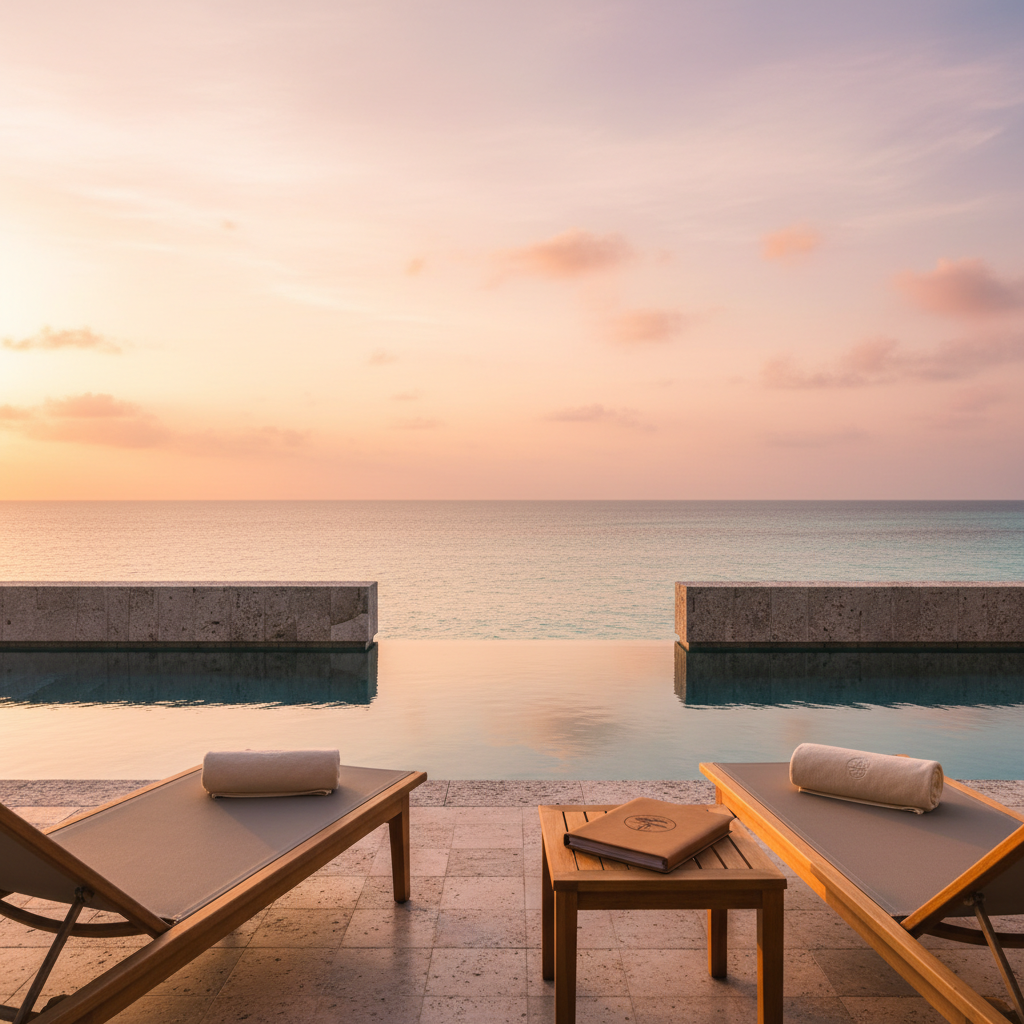 A luxurious ocean-view hotel terrace in Zanzibar, photographed at sunset. A wide, low, modern stone balustrade frames the scene, with an infinity pool merging visually with the calm Indian Ocean beyond. On a polished natural-stone deck, a single neatly folded, cream-colored beach towel rests on a sleek teak lounge chair, beside a small table holding a closed leather-bound travel itinerary embossed with a subtle safari-themed logo. Golden hour light washes the terrace in warm tones, highlighting textures of stone, wood, and water, while the sky glows in soft pinks and oranges. Captured at eye level with a balanced composition, the atmosphere feels exclusive, calm, and expertly arranged, perfectly aligned with high-end professional tour experiences in a realistic, photographic style.